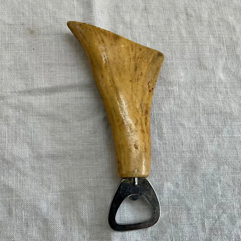 Vintage Hand Painted Bone Antler Bottle Opener Wildlife Mountain Rustic Barware